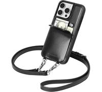 Kal-Cuir Coque Pour Iphone 15 Pro Max 6,7 Pouces, [Détachable Et Réglable Cordon Bandoulière] Cuir Véritable Etui Portefeuille Compatible Avec Iphone 15 Pro Max [2 Fentes Cartes]\U2014noir