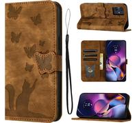Kal-Étui Pour Motorola Moto G54 5g Matériau En Cuir Pu Coque Moto G54 Avec Fentes Pour Cartes Housse Protection Motif Papillon Chat Coque Motorola G54 Brun
