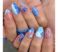 Kal-Faux Ongles Bleus Longs Faux Ongles Acrylique Amande Brillant Designs Ondes Coeur Fleurs 24 Pièces Par Set