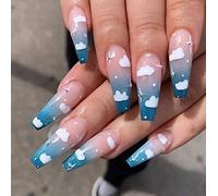 Kal-Faux Ongles Blue \U200b\U200blong Faux Ongles Ballerine Acrylique Cloud Press On Nails Gradient Faux Ongles 24pcs Pour Femmes Et Filles
