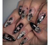 Kal-Faux Ongles Court ,Amande Noir Nude Étoile 3d Crystal Cross Charms Chrome Y2k Gothic Press On Nails Avec Colle À Ongles,Star Silber Tips Fake Nails