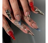 Kal-Faux Ongles Court ,Amande Nude Bleu French Chrome 3d Rouge Gold Rib Cool Y2k Coquette Press On Nails Avec Colle À Ongles,Goldene Red Blue Fake Nails