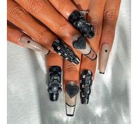 Kal-Français Luxe Long Cercueil Faux Ongles Fait Main Brillant Acrylique Damier Faux Ongles Arc Noir 3d Coeur D'amour Ours Appuyez Sur Les Ongles Amovible Pour Les Femmes Et Les Filles