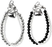 Kal-Lot De 2 Porte-Clés Perles Porte-Clés Double Chaîne Y2k - Imitation Perle En Forme De C?ur - Pendentif De Sac - Pour Clés De Voiture, Sacs, Sac À Dos, Blanc, Argenté, Noir, Taille Unique