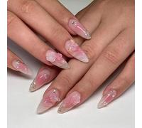Kal-Lot De 24 Faux Ongles À Presser En Forme D'amande, Brillants, Taille Moyenne, Rose Avec Motif Fleurs Et Papillons, Effet 3d