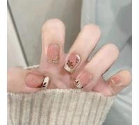 Kal-Lot De 30 Faux Ongles Press On Nails - Courts - Cercueil - Beige - French Manucure - Fleurs Dorées Et Rouges - À Coller - Faux Ongles En Acrylique - Accessoires Pour Femme