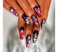 Kal-Luxe Noir Long Cercueil Faux Ongles Fait Main Briller Strass Appuyez Sur Les Ongles Brillant Cristal Acrylique 3d Faux Ongles Amovible Pour Les Femmes Et Les Filles