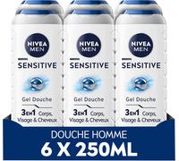 Kal-Men Gel Douche Sensitive (Lot 6 X 250 Ml) ¿ Soin Lavant Enrichi À L'extrait De Bambou ¿ Gel Douche Homme 3 En 1 ¿ Soin Nettoyant Doux Corps Visage & Cheveux Pour Les Peaux Sensibles