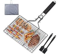 KAL-Panier Grille Pour Barbecue, Panier De Barbecue En Acier Inoxydable Avec 1 Sac De Rangement Et 2 Brosses En Silicone Panier De Barbecue Pliable Avec Poignée Pour Poisson, Légumes, Crevettes