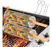 KAL-Pièces Paniers Barbecue Emboîtables Avec Poignée Bois Amovible, Ensemble Panier Grillades Enroulable Acier Inoxydable 304, Accessoires Grillage Extérieur Pour Légumes, Poisson, Crevettes