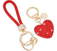 Kal-Porte-Clés De Voiture Pailleter Porte Clefs Bling Porte Clés Tissé Coeur Porte-Clés Brillants Accessoires De Voiture Pour Femmes Porte Clés Universel En Cuir Pour Voiture Moto Maison (Rouge)
