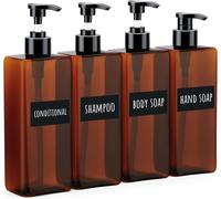 Kal-Rechargeable Distributeur De Shampooing Et Gel Douche, 500ml 4 Pièces Flacon Pompe Vide Groupe Avec Étiquette, Pour Salle De Bains, Hôtel, Conditionneur Et Lotion Liquide - Marron