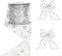 Kal-Rubans De Noël 6cm Ruban Noel Emballage Cadeau 10yard Glitter Ruban Avec Fil De Fer,Argent Ruban De Flocon De Neige De Noël Pour L'artisanat,Noël Décorations