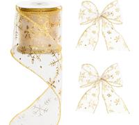 Kal-Rubans De Noël 6cm Ruban Noel Emballage Cadeau 10yard Glitter Ruban Avec Fil De Fer,Or Ruban De Flocon De Neige De Noël Pour L'artisanat,Noël Décorations