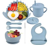 Kal-Silicone Assiette Pour Bébé Set Vaisselle 8 Pièces Antiderapant Coffret Repas Avec Ventouse Bol Cuillère Fourchette Bavoir Tasse Couvercle Set Repas Pour Enfant Garçon, Bleu Clair Dinosaure