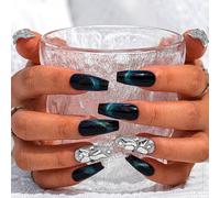 Kal-Strass Briller Long Cercueil Faux Ongles Cristaux Brillants Verts Faux Ongles Faits À La Main Oeil De Chat Appuyez Sur Les Ongles De Qualité Durable Pour Les Femmes Et Les Filles