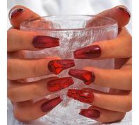 Kal-Strass Rouge Faux Ongles Faits À La Main Briller Oeil De Chat Long Cercueil Faux Ongles Cristaux Brillant Coeur 3d Appuyez Sur Les Ongles De Qualité Durable Pour Les Femmes Et Les Filles