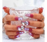 Kal-Strass Violet Appuyez Sur Les Ongles Aurore Faux Ongles Longs Cercueil Cristaux De Coeur 3d Briller Chaîne De Faux Ongles Faite À La Main Durables De Qualité Pour Les Femmes Et Les Filles