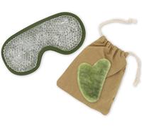 Kal-Sun & Sia - Kit Masque Yeux Chaud/Froid Et Gua Sha En Pierre Naturelle Jade Vert (+Housse) - Rafraîchit Le Teint, Traite Les Poches Et Cernes, Stimule La Circulation - Effet Anti-Âge Et Peau + Fe