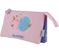 Kal-- Trousse Scolaire 3 Compartiments - Fermeture Éclair, Licence Officielle, Polyester Résistant, 23x12x2,5 Cm, Matériel Scolaire - Pink Panther Ecopink - Rose
