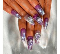 Kal-Violet De Luxe Cristaux Long Cercueil Faux Ongles Planète 3d Faux Ongles Faits À La Main Aurore Scintillante Strass Appuyez Sur L'ongle De Qualité Durable Pour Les Femmes Et Les Filles