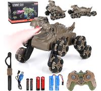KAL-Voiture Télécommandée Enfant, 8Wd 2,4 Ghz Monster Truck Avec Commande Manuelle, Rc Stunt Auto Avec Lumière Led, Musique Et Sprays, Dinosaur Jouet & Cadeau Pour Enfants 6 7 8 9 10 11 Ans Garçon