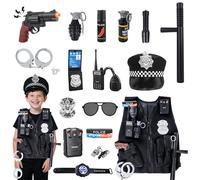 KalaDuck Deguisement Policier Enfant, 17Pièces Police Accessoires Jouets avec Chapeau de Policier, SWAT Gilet et Menottes Police, Jeux de Costume Policier pour Halloween Carnaval pour Garçons Filles