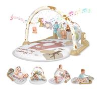 KalaDuck Tapis d'éveil Bébé 0-6 Mois, Tapis de Jeux Bébé avec Hochets et Musique de Piano Réglable, Coussin d'activité Motricité Bébé, Jouet Tapis Sensoriel Bébé 6-12 Mois (Marron)