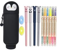 Kalanka-13 Pcs 2 En 1 Trousse Scolaire En Silicone Souple Set, Trousse À Crayons Portable Avec Cordon De Suspension, D'apparence Ronde Et Mignonne, C'est Un Compagnon Amusant En Classe (Pingouin)