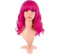 Kalanka-14 Pouces/35 Cm Court Wavy Avec Frange Shoulder Longueur Bouclé Flat Bang Cheveux Synthétique Bob Perruque (Hot Rose)