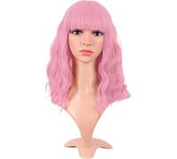 Kalanka-14 Pouces/35 Cm Court Wavy Avec Frange Shoulder Longueur Bouclé Flat Bang Cheveux Synthétique Bob Perruque (Léger Rose)