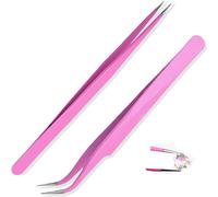 Kalanka-2 Pcs Pointed Tweezers Bent And Straight Forceps Stainless Steel For Decorative Nails Eyebrow Eyelash Plucking Pink