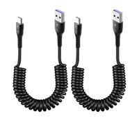 KALANKA-2 x USB C to USB A Coiled Cable, USB C Spiral Cables, 0.4 m, Black, Data Cables for Android Auto and CarPlay, Fast Charging & Data Transfer, Elastic Design, Compatible with All