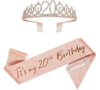 KALANKA-20 Ans Couronne Anniversaire Echarpe, 20e Anniversaire Ceinture et Diadème pour Filles, Kit d¿Accessoires Anniversaire, Pour la Décoration de Fête D'anniversaire