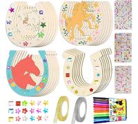 Kalanka-24 Fers À Cheval Pour Anniversaire D'enfant En Bois, Fer À Cheval Inachevé, Disques En Bois De Fer À Cheval Avec 12 Crayons Aquarelle, 2 Rouleaux De Ruban À Paillettes Et 3 Feuilles D'autocol