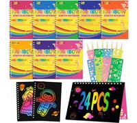 KALANKA-24 Livres d'Art à Gratter Dessin Enfants, Scratch Art kit Gratter Papier pour Écriture avec 24 Règles de Gabarit de Dessin,24 Stylets en Bois pour Cadeau d'anniversaire pour garçons Filles