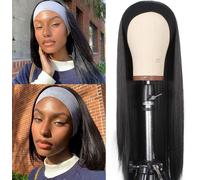 Kalanka-24 Pouces Black Headband Wig Silk Straight Long Wig Heat Resistant Hair Fiber Glueless Non Lace Front For Woman Machine Made Scarf Wrap Wig With Head Band Black Wigs /1b