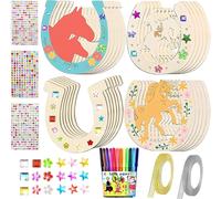 KALANKA-24pcs Fer à Cheval en Bois, DIY Fers à Cheval en Bois Décoration +12 Crayons d'aquarelle +3 Strass Autocollants +2 Rubans, Enfant Bricolage Manuelle pour Party Anniversaire Cadeau Printemps
