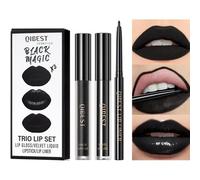 Kalanka-3pcs Black Matte Lipstick,Lip Liner,Lip Gloss Trio Lip Set Waterproof Long-Lasting Moisturizing Velvety Lip Stain One Step Lips Makeup Kits (12#)