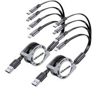 KALANKA-4 in 1 Multiple Charging Cable [4A/1.2m] Retractable USB Fast Charging Cable 2 Pack with IP/Micro USB/Type C for Phone 15/14/13/12/11/X/8/7, Samsung Galaxy, Huawei, Xiaomi, Sony, HTC, LG (Grey