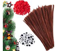 KALANKA-400 Pcs Fils chenilles Set,Tiges Chenille Marron,Cure Pipes Cleaner,Pipe Cleaners Crafts Avec Bring Pompons Rouges,Yeux Auto-Adhésifs,Convient à Pour Bricolage de Noël Fait à La Main
