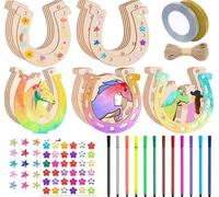 KALANKA-42pcs Fers à Cheval en Bois Décoration - 25 Tranches Naturelles 4 Types + Corde de Chanvre + 2 Strass Autocollants + 12 Crayons d'Aquarelle + 2 Rubans - DIY Deco Anniversaire