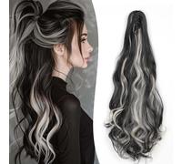 Kalanka-50cm Postiche Queue De Cheval Avec Pince Extensions De Cheveux Naturel A Clip Ondulé Extension Queue De Cheval Synthétique Rajout Cheveux Claw On Ponytail Longue Bouclée, Noir & Blond