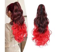 Kalanka-50cm Postiche Queue De Cheval Avec Pince Extensions De Cheveux Naturel A Clip Ondulé Extension Queue De Cheval Synthétique Rajout Cheveux Claw On Ponytail Longue Bouclée - Noir Ombre Rouge