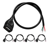 KALANKA-5Pcs Bare USB 2.0 USB-A Female 4 Pin Cable, Open End Bare Wire USB 2.0 Cables 30cm 5V 3A 22AWG 4 Cores, USB 2.0 to Bare Cable Open End Cable Ends