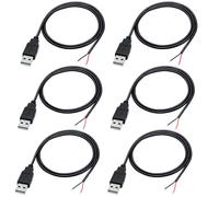 KALANKA-6Pcs 22AWG USB Pigtail 2 Wire USB 2.0 Cable Bare Wire Open End 2 Pin Male USB Male Cable 12V 3A USB Plug Power Cable Black Color