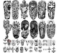 Kalanka-77 Feuilles De Croix Chrétienne Tatouage Temporaire Pour Femmes Et Hommes, 17 Demi Bras Dieu Religieux Jésus Faux Tatouages, 60 Anges Christ Noir Petits \U200b\U200b\U200b\U200bcorporels Adul