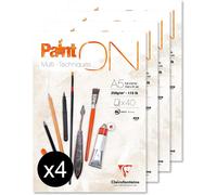 KALANKA-96538Cpack - Bloc Collé PaintON Multi-techniques - 40 Feuilles Papier Dessin Multi-techniques au Grain Très Léger - Blanc - A5 14,8x21 cm 250g - Paquet de 4 Blocs