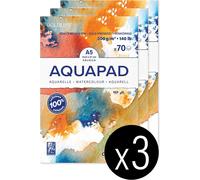 KALANKA-975720Cpack - Bloc Encollé Goldline Aquapad - 70 Feuilles Papier Aquarelle Blanc Grain Moyen Fin A5 14,8x21 cm 300g - Idéal pour la Technique Humide - Paquet de 3 Blocs