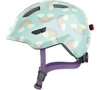 KALANKA-ABUS Casque pour enfants Smiley 3.0 LED - Casque de vélo avec lumière - ajustement profond & place pour une tresse - pour filles et garçons - bleu clair avec motif arc-en-ciel, taille M